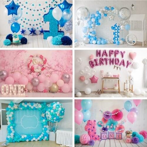 Laeacco Birthday Backdrops For Photography Blue Balloons Flowers Stars Cake Smash Photo Backgrounds Photophone For Photo Studio