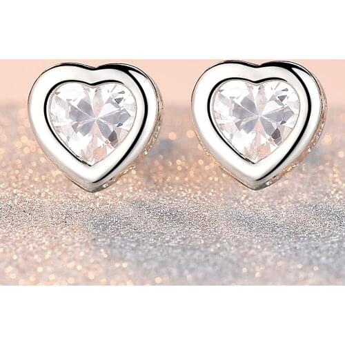 Cute Female Love Heart Stud Earrings Elegant Silver Color Wedding Earrings For Women Trendy White Crystal Party Small Earrings