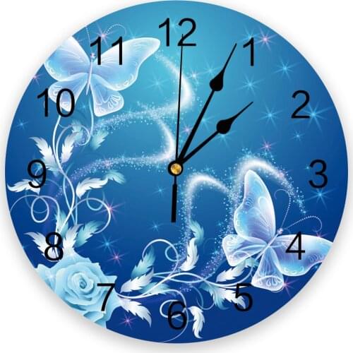 Flower Butterfly Blue Wall Clocks Home Decoration Silent Round Wall Watches for Home Living Room Kitchen Wall Decor