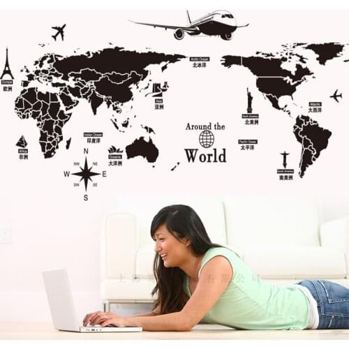 Black color World Map Wall Stickers Vinyl DIY World landmarks Wall Decals For Living room Study Room Office Decoration Murals