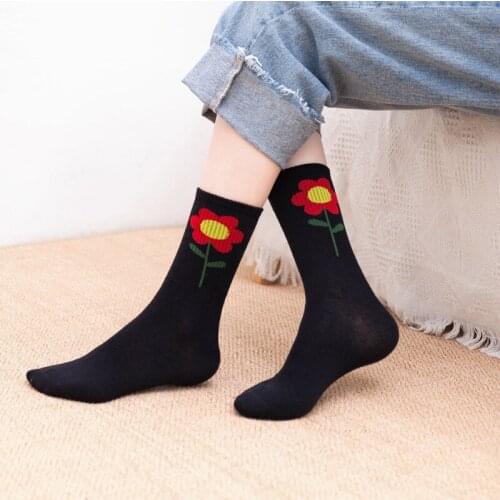 Funny Flower Pattern Socks For Women Black Cotton Socks Spring Autumn Breathable Casual Socks Female Preppy Style School Sox