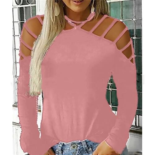Autumn Womens T-Shirts Tops Casual Choker Neck Solid Color Tops T-Shirts Loose Cold Shoulder Long Sleeve T-Shirts 2020 Fashion