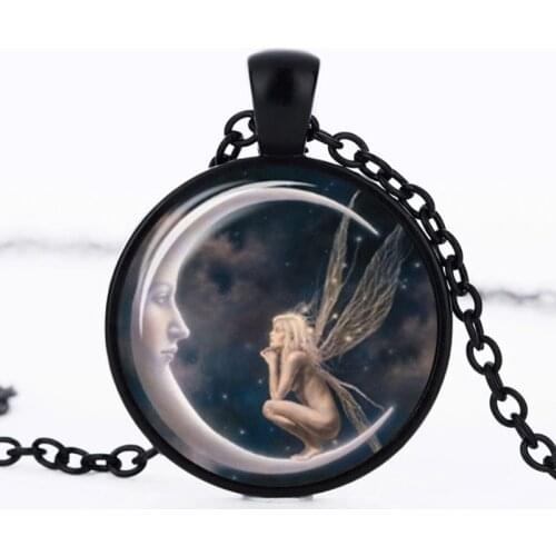 Gothic Moon Angel Wing Necklace Fairy Tale Art Picture Glass Dome Cabochon Pendants Necklaces For Women Men Jewelry Gift