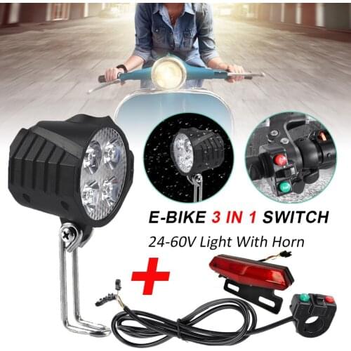 Electric Bike Headlight And Tail Light Sets E-Bike Bicycle 24/36/48V/60V Front Rear Warning Lights LED Night Headlight With Horn