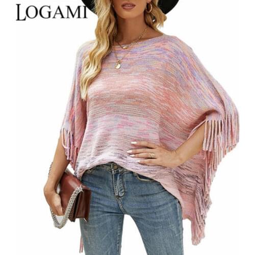 LOGAMI Colorful Shawl Cloak Ponchos and Capes Batwing Sleeve Oversized Fringed Coat Women