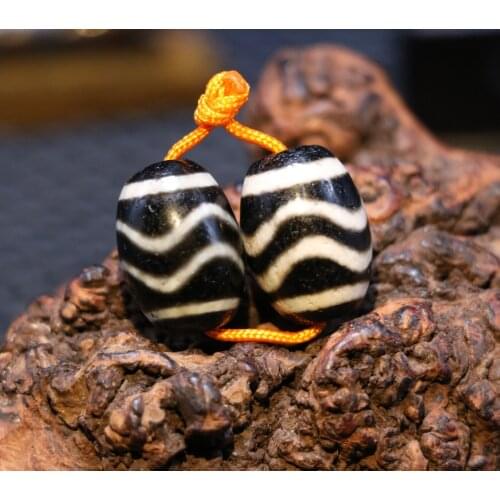 Treasure Unique Energy A Pair of Tibetan Agate Water Wave Be Rich Daluo dZi Bead Pendant Amulet Timestown UPD21103A