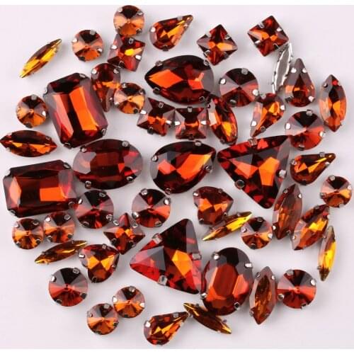 Silver claw setting 50pcs/bag shapes mix Tea color glass crystal sew on rhinestone wedding dress shoes bag diy trim