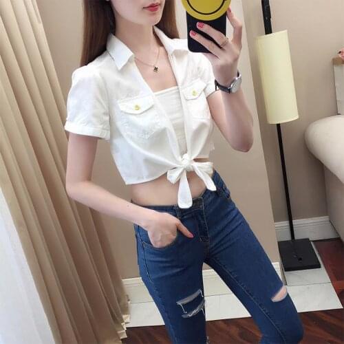 Denim Shirt Short Sleeve Women Jacket Femme Crop Top Sexy Short Jeans Shirts Blouse Spring Summer Feminine Tops 2021 Y277