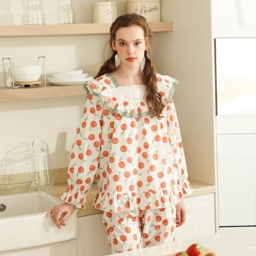 Women Cotton Long Sleeve Pajamas Autumn Cherry Printed Trouser Suits Round Neck Thin Home Clothes Two Piece Pijama Set Sleepwear
