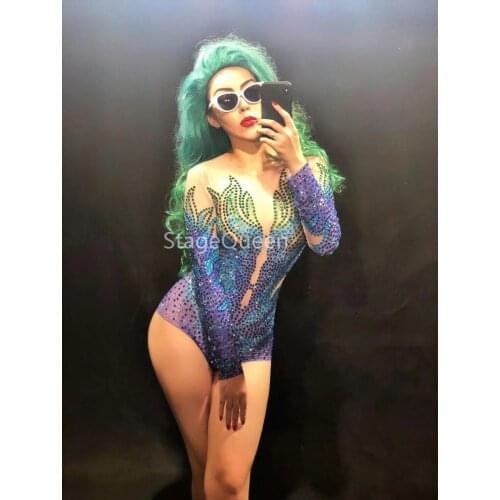 Women Stage Sparkly Rhinestones Mesh Bodysuit Womens Dance Costume Dance Show Nightclub Female Singer Wear See Through Leotard