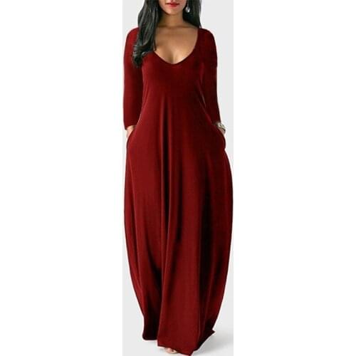 Maxi Dress For Women 2021 Long Sleeve V-Neck Solid Bohemian Long Dresses Midi Autumn Plus Size Sexy Bohemian Clothing G2828