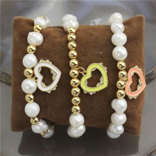 10pcs/lot New!!Dainty cz pendant bracelet,freshwater pearl combination bracelet,wholesale color enamel heart bracelet jewelry