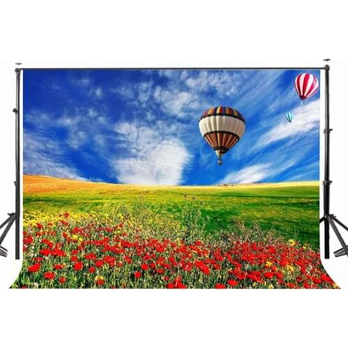 150x220cm Green Grass Photography Background Red Flowers Hot Air Ballon Photo Studio Props Nature Scene Backdrop