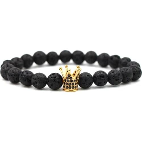 8mm ojk5 elastic adjusted nature black stone volcanic lava bead micro pave Crown cz cubic zirconia Bracelet