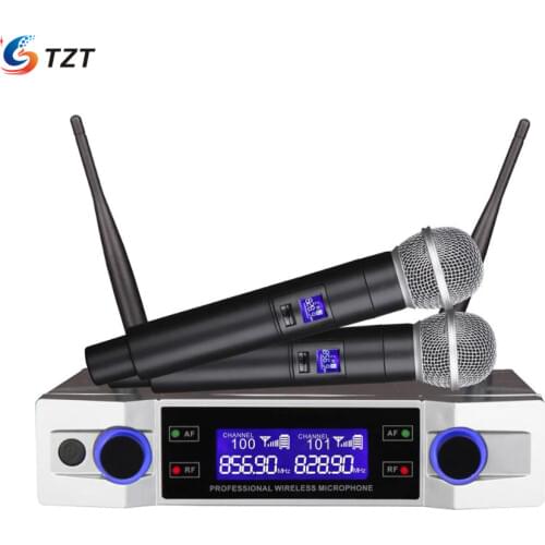 TZT VHF Wireless Microphone System Dual Channel Receiver + 2 Cardioid Microphone for Home KTV