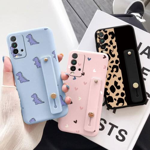 For Redmi 9T Case TPU Wrist Strap Holder Stand Cover For Xiaomi Redmi 9 T Redmi9T 6.53" Soft Silicone Cute Dinosaur Bumper Shell
