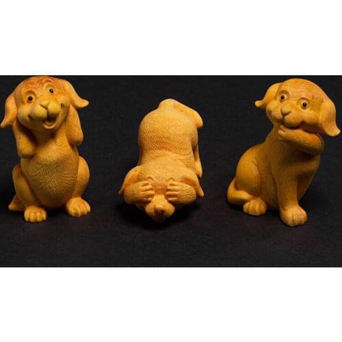 Shy Three puppies Wooden doll sculpture Hand carving dog statue toy reative small Chinese gift Figurines home decorations