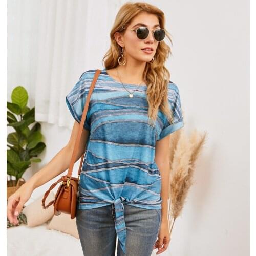 Summer Women T-Shirts Round Neck Short Sleeve Print Color Lace-Up Female Top Casual Office Lady Holiday Beachwear C2524