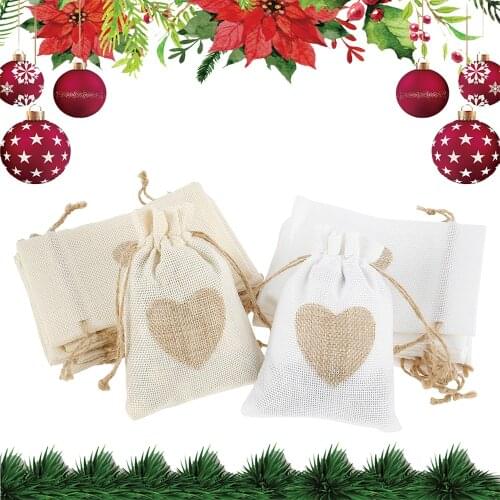20 Pcs Fashion Drawstring Burlap Bags Heart Printed Cotton Drawstring Small Sack-pure White + Beige Each Ten Christmas Gift Bags