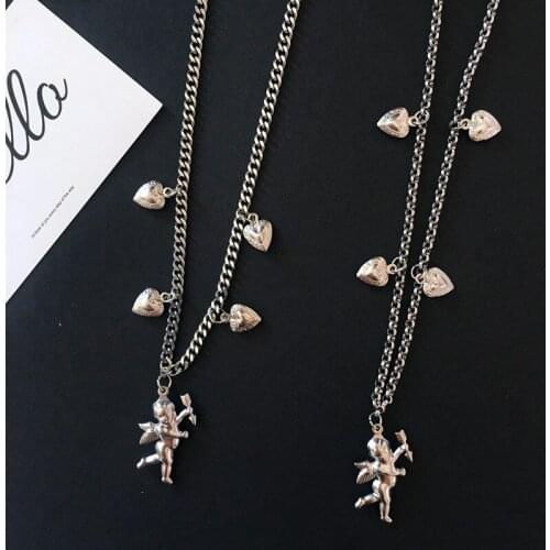 Cute Cupid Angel Pendant Stainless Steel Necklace, Long Chain Baby Shaped Jewelry Sweetheart for Women Man Friendship Girl Gifts