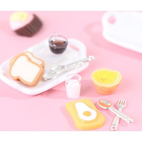 1Set 1:12 Dollhouse Miniature Breakfast Set Hamburger Croissant Toast Egg Coffee with Tray Kitchen Food Accessories