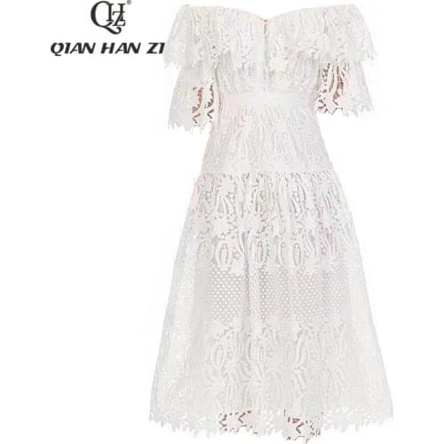 Qian Han Zi designer fashion runway sexy Slash neck dress Short-sleeved embroidered Hollow out lace elegant white dress