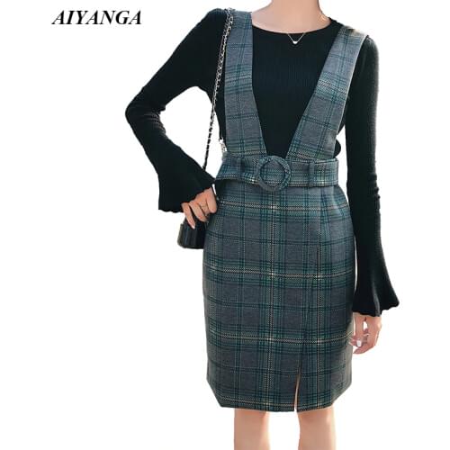 Autumn Winter Women Sets 2018 Woolen Strap Skirts and Knitted Sweaters For Women 2 Pieces High Waist Plaid Skirts With Sashes