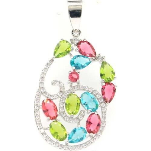 42x23mm Multi Color Created Peridot Aquamarine Garnet CZ For Women Daily Wear Silver Pendant