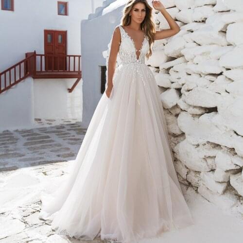 Sexy Double V-neck Boho Wedding Dress 2021 New Tulle Appliques Lace Bridal Gown A-line Robe de Mariee