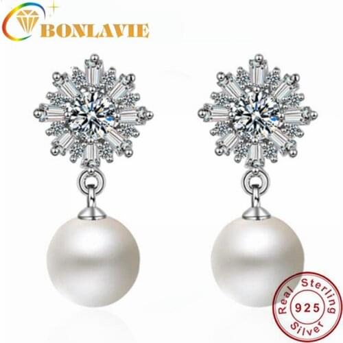 BONLAVIE 925 Pure Silver Stud Long Pearl Earings with Diamond Stud Earrings Korean Silver Jewelry for Women