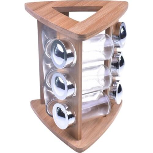 Spice Rack Jars Rotating Organizer Container Set of 10 Glass Jars With Bamboo Stand Spice Sugar Rice Holder Bottles Kitchenware