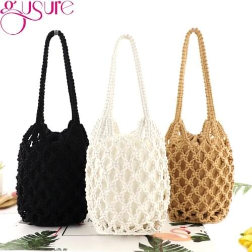 Gusure Fashion Hollow Woven Bag Cotton Lining Bucket Shoulder Bags Female Reticulate Handbag Netted Beach Women Shopping Purse