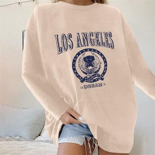 Los Angeles Womens Casual Printed T-Shirts Letter Autumn Winter Round Neck Loose Comfortable Long Sleeve Pullover Sweatshirt