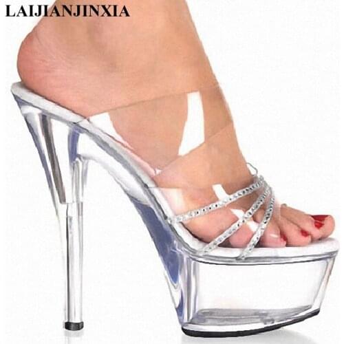 New 15cm stiletto heel platform women Slippers PU CLEAR slip on sexy platform Dance Shoes