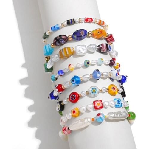 New Trendy Handmade Irregular Pearls Bracelet for Women Multicolor Geometric Heart Flower Glass Beads Bracelet Party Jewelry