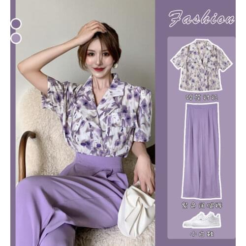 Suit Female 2021 Summer New Korean Style Suit Collar Floral Blouse + Two-piece Straight Wide-leg Pants
