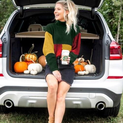 Autumn Winter Fashion New Knitwear Turtleneck Pit Striped Long-sleeve Sweater Color Block Women Elegant Vintage Loose Blouse Top