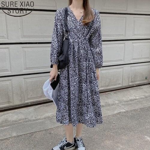 Vintage Dress Leopard Print Women Dress Korean Long Sleeve V-neck High Waist Midi Long Dresses Loose Vestidos Robe Dresses 13331