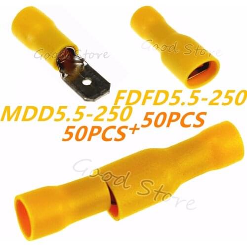 100PCS 50set Male/Female Kit Insulated Spade Connector 12-10AWG yellow Insulated Spade Crimp Wire Cable Connector Splice Termin