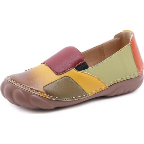 2021 Fanshion Casual Shoes Women Mix Color Pu Leather Flats Round Toe Retro Cozy Loafers Slip-on Indoor Moccasin Plus Size 42