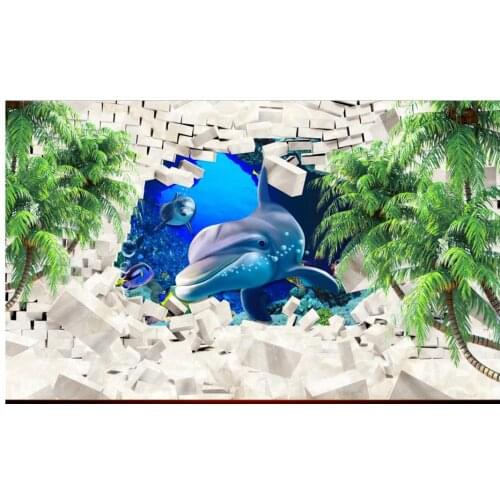 3D wall murals wallpaper custom picture mural Landscape wallpaper 3D Dolphin Coconut Tree TV Wall paper living room wall decor