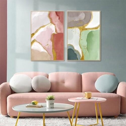 Abstract Marble Wall Art Poster Pink Golden Geometric Canvas Painting Scandinavian Nordic Print for Living Room Home Decor