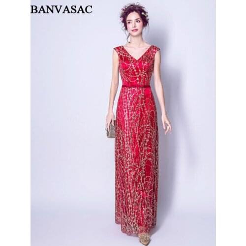 BANVASAC 2018 Sequined V Neck Bow Sash Sleeveless Long Evening Dresses Elegant Party A Line Lace Backless Prom Gowns