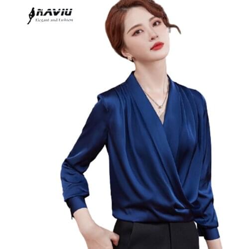Navy Blue V Neck Design Shirt High End 2021 New Autumn Long Sleeve Pullover White Formal Loose Blouses Office Ladies Work Tops