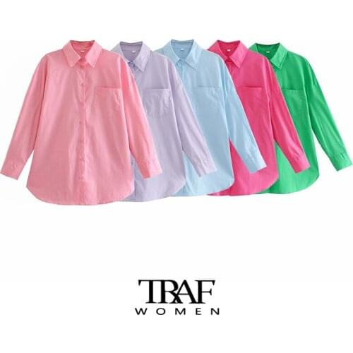 TRAF Za Women Fashion With Pockets Oversized Poplin Blouses Vintage Long Sleeve Button-up Female Shirts Blusas Chic Tops