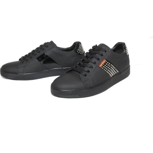 Handmade Designer Sport Sneakers with Black Matte Leather & Shiny Rugan, Silver Bead Embroidery Patchwork, 2021 Collection