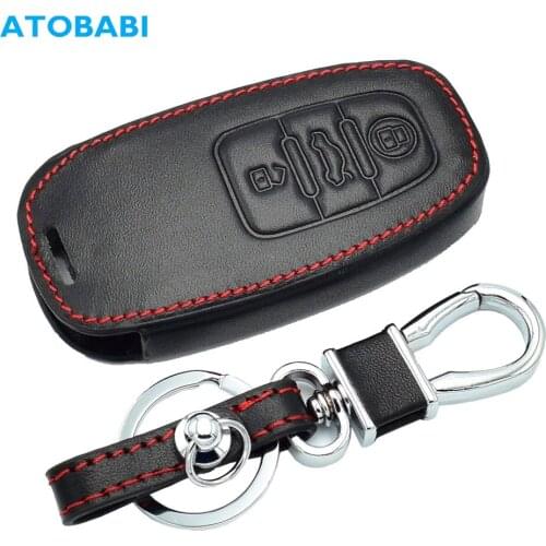 Leather Car Key Case For Audi A3 A4 A5 A6 A7 A8 Q5 Q8 S4 S5 S6 3 Buttons Smart Remote Fobs Cover Bag Keychain Auto Accessories