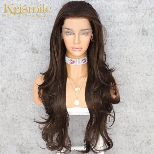 Krismile Lace Front Synthetic Wigs Dark Brown Long Wave Wig High Temperature Party Cosplay Daily for Women Daily Celebrity