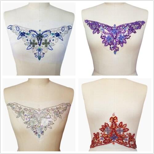 HANDMADE Crystal Sew on Rhinestones Sequins 14x33cm Applique Couture Designs Stones Patches Beads DIY Sewing for Wedding Dresses