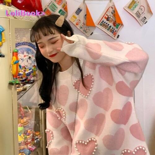 Lolibook Fanco Women Knitted Sweater and Pullovers O-Neck Pearls Beading Sweet Heart Pull Jumpers Long Sleeve Kawaii Sweater